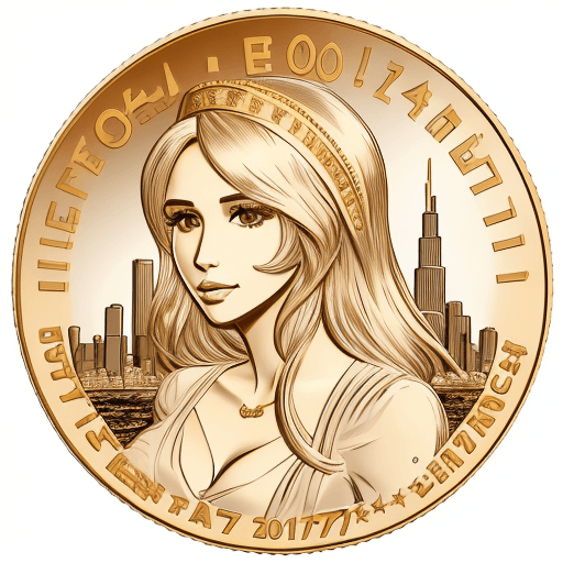 AI generated: "AMELIA VEGA " gold coin with Chicago skyline , with the text at the bottom that says "2017", white ...