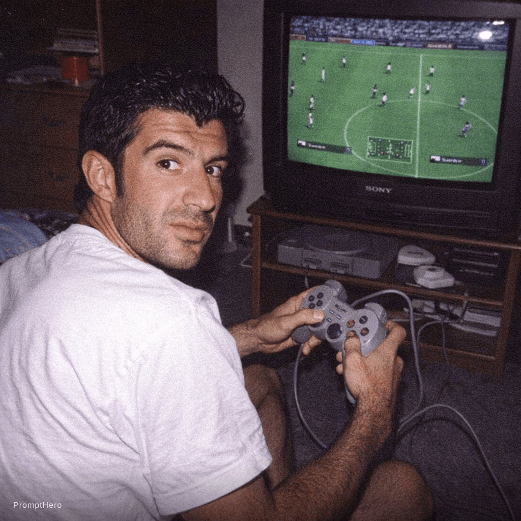 AI generated: Grungy analog photo of Luis Figo circa 2000 playing Fifa 2000 on Playstation 1 on a 90s CRT TV in a ...