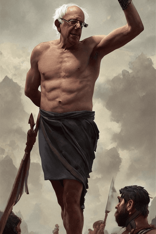 AI generated: Bernie Sanders as a Greek god, black hair, smile, detailed face, gorgeous, amazing, muscular, fit, v...