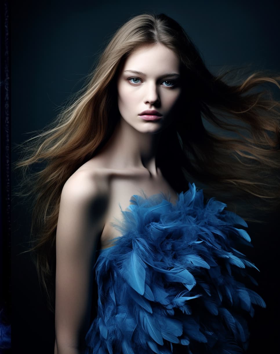 AI generated: photo of ethereal ((( single beautiful slavic long hair model ))) in a ((( blue feather dress ))) in...