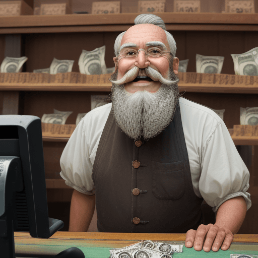 AI generated: an old toy seller with a big mustache and a beard on his face stands behind the cash register and sm...