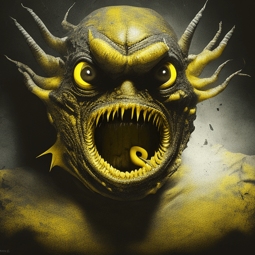 AI generated: Scary creature emerging from the darkness, flat snout, yellow eyes, horror, dark and haunting, hyper...