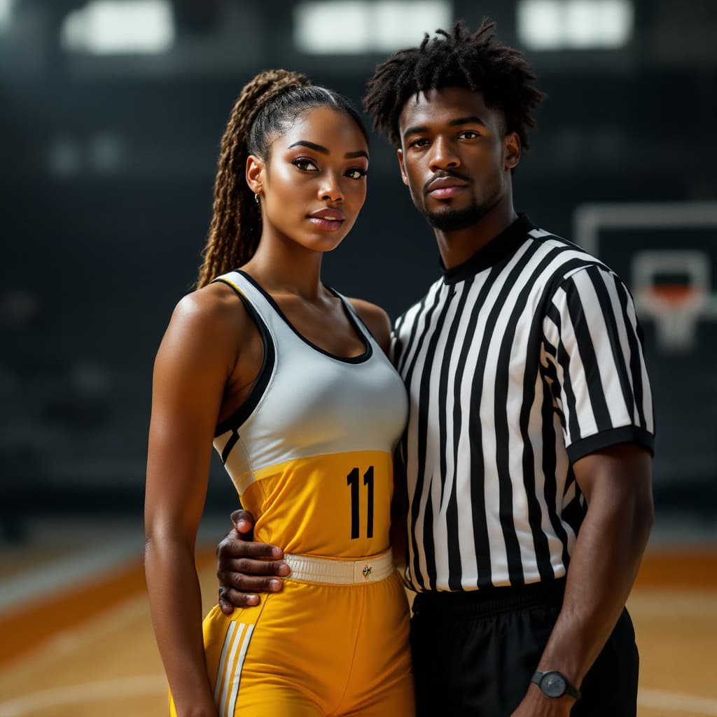 AI generated: generate a 8 ft tall female black american Basket ball player standing beside a 4 ft short  referee ...