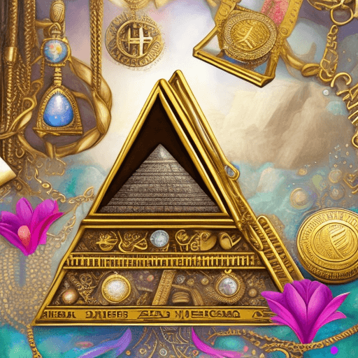 AI generated: digitally creative, heavenly relaxing, high detailed chest of jewelry, drawing tools, Egyptian pyram...