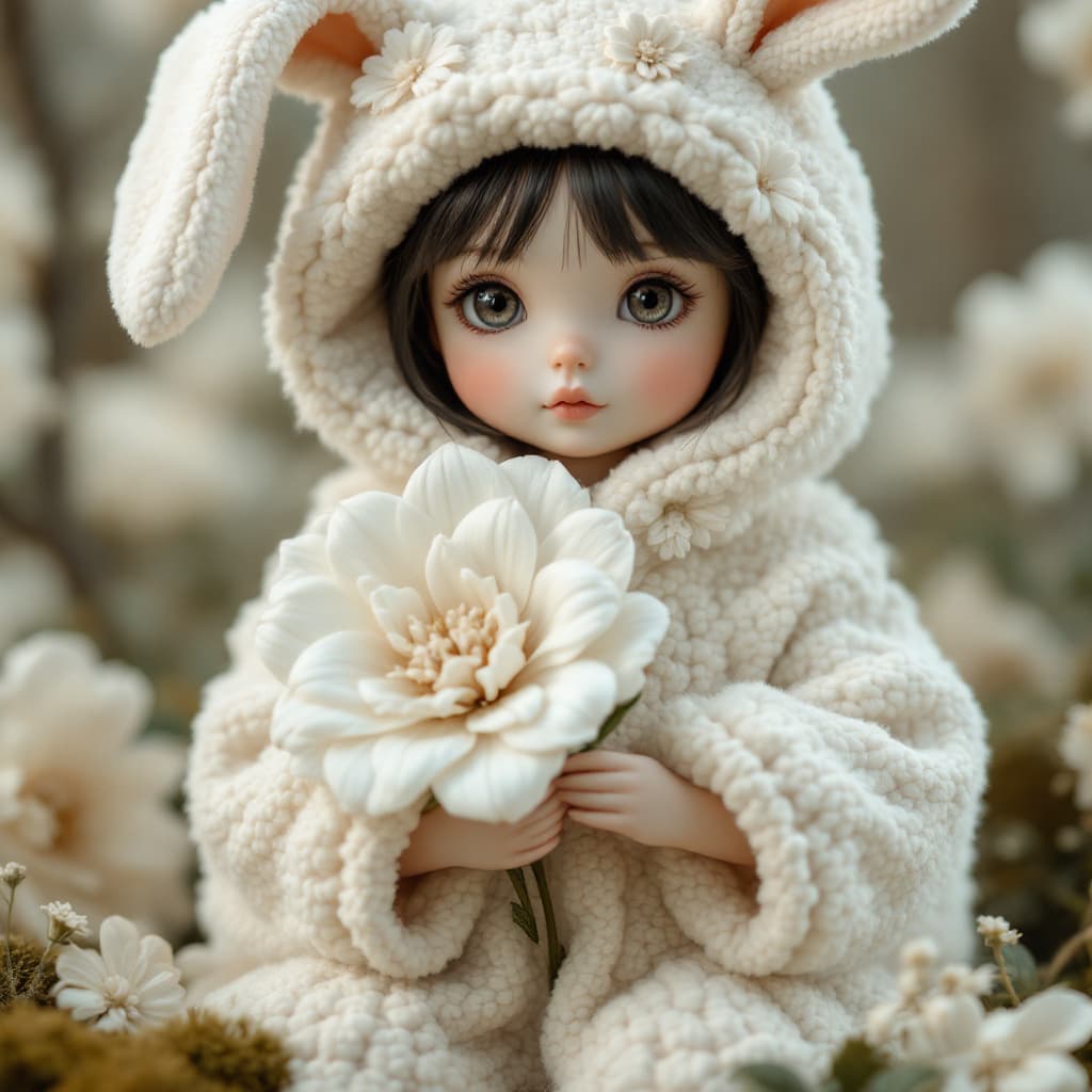 AI generated: "Generate an image of a doll with oversized, cozy clothing featuring a hood with bunny ears, decorat...