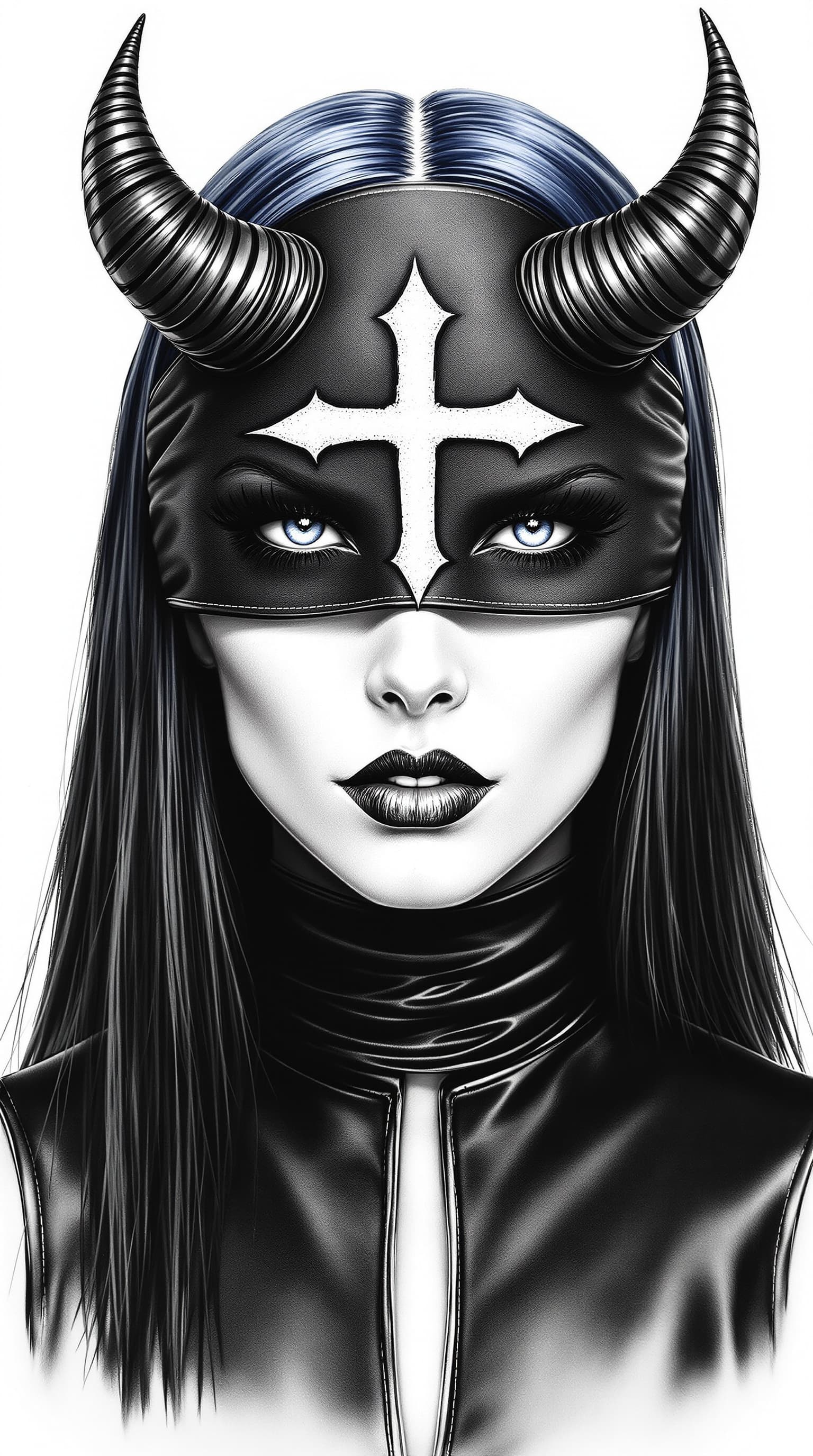 AI generated: Full body frontal hyperrealistic pencil drawing of a stylized demonic woman in expressive black and ...