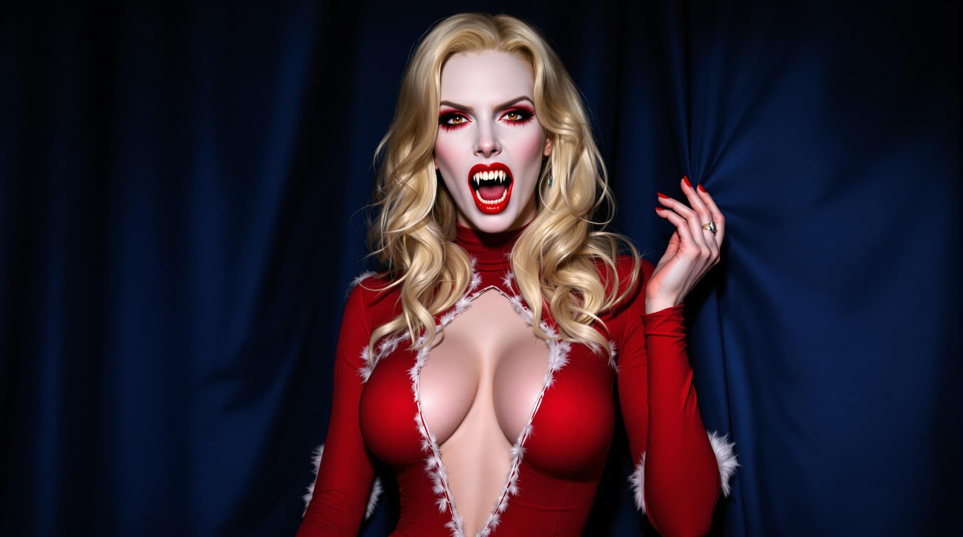AI generated: a vampire woman with extra long incisors, pale skin, red eyes, and long blonde tresses. The woman ha...