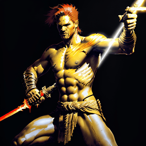 AI generated: ancient spartan man, short red hair, wielding a sword of light, golden left forearm, his spirit burn...