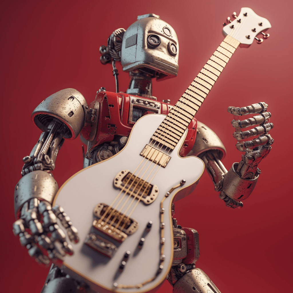 AI generated: robot AI is playing red vintage guitar futuristic