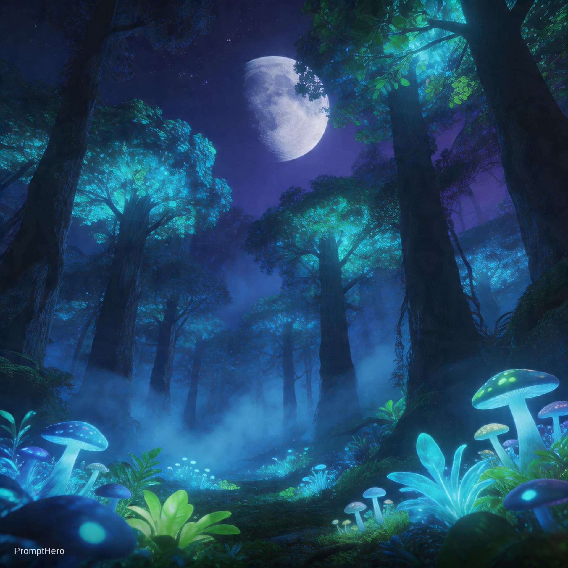 AI generated: A vertical view of an alien jungle, where massive glowing trees with blue and green bio-luminescent ...