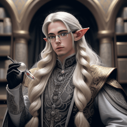 AI generated: A pompous male elf archivist with thin glasses with long blond hair wearing a ornate clothes of silv...