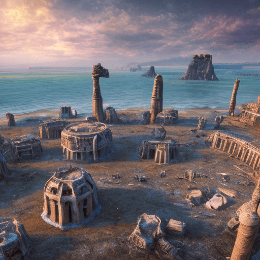 AI generated: a desolate wasteland with ruins dotted about a giant dried up seabed, with wanderers scavenging for ...