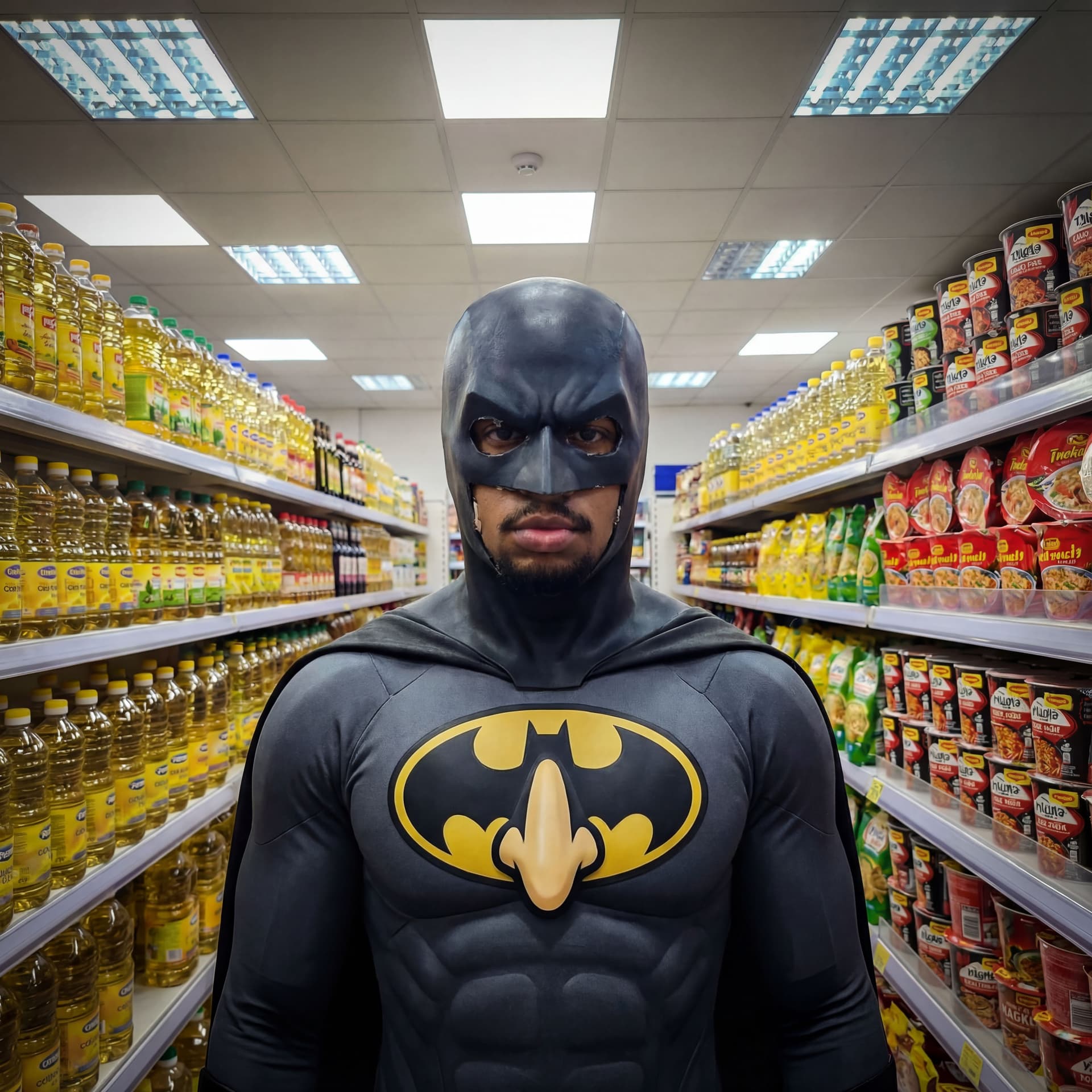 AI generated: Turn me into a super hero like batman but only Snore man. big nose on chest emblem cut holes for eye...