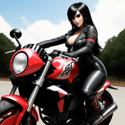 AI generated: Hyper realistic Jessica Nigri black hair in tight leather outfit riding motorbike