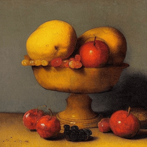 AI generated: still life fruit bowl, Rembrandt