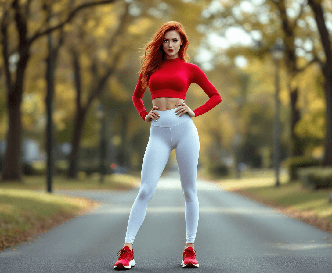 AI generated: Facing the camera, Full body Photograph of a gorgeous woman in a suburban park, slightly-wavy flowin...