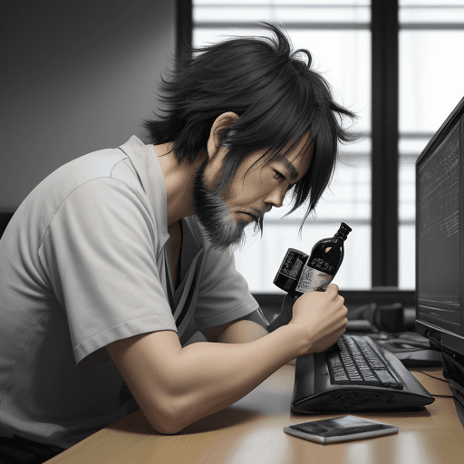 AI generated: There is a Japanese man looking at a computer screen while coding. He has messy hair, a scruffy bear...