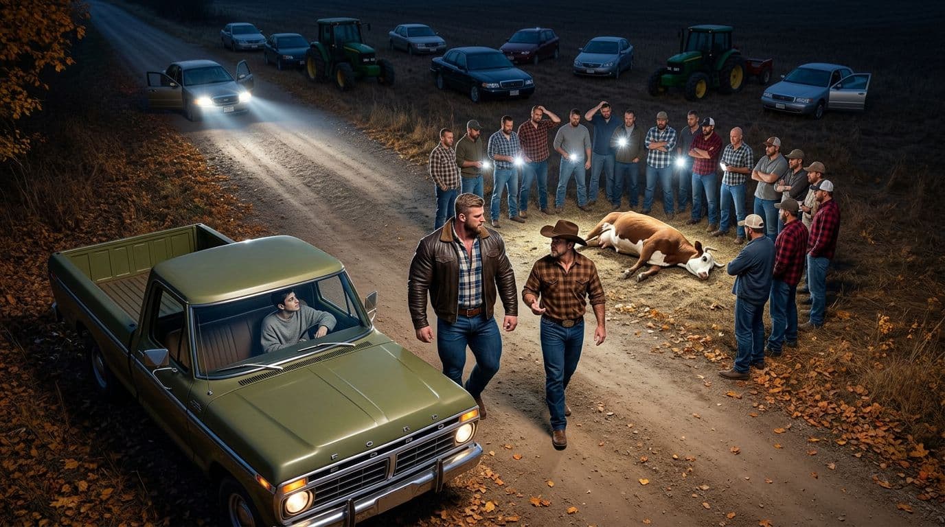 AI generated: In an Autumn night. The vintage olive green Ford pick up truck is parked next to the other cars far ...