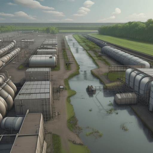 AI generated: factory owner in foreground of factory polluting river with chemicals in explainer video style