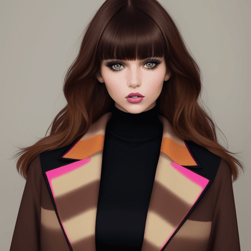 AI generated: A model with brown hair and bangs, wearing colorful makeup in the style of an editorial fashion shoo...