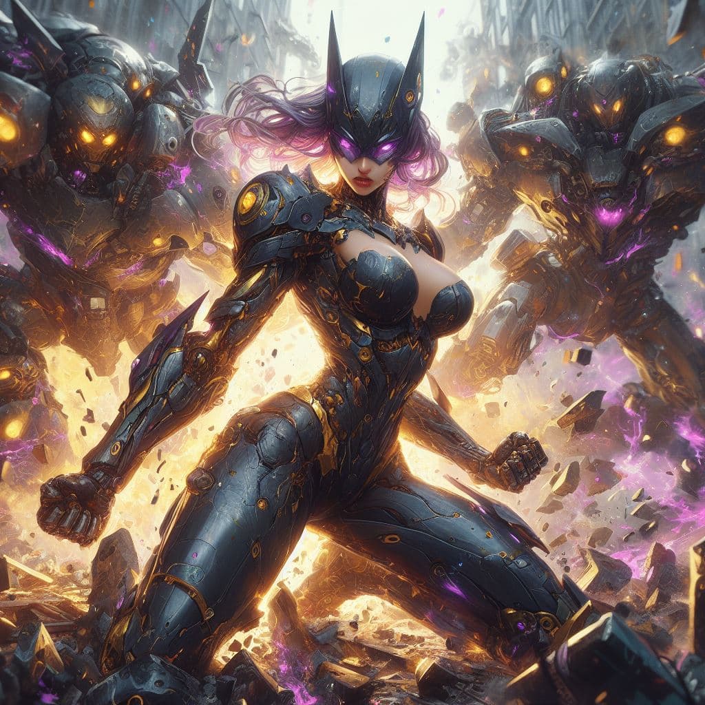 AI generated: painterly style, photorealistic, detailed flying debris, more colorful, a sexy female Batman fightin...