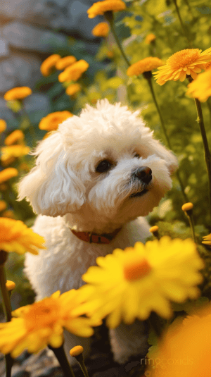 AI generated: A curious bichon frise sniffing flowers with a bee, in the style of Gustatory-Auditory Synesthesia, ...
