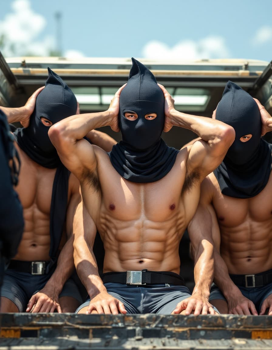 AI generated: Three muscular male Asian Chinese wear tight compression jammers arrested by policemen in day time. ...