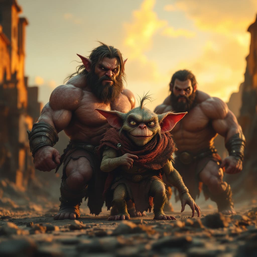 AI generated: the strongest titans, but there is a ridiculous gremlin ruining their poses, renaissance, incredibly...