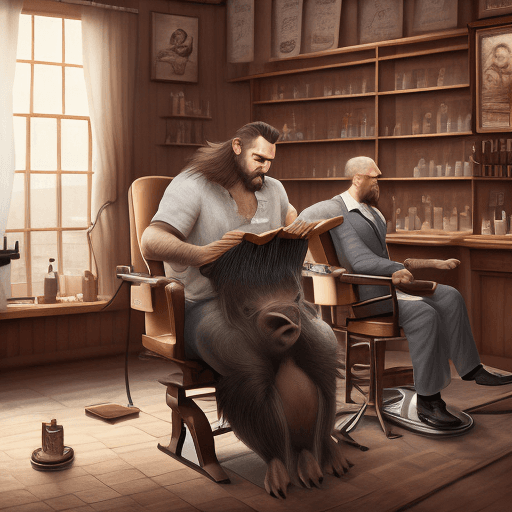 AI generated: A human barber trims the hair of a boar, sitting in a chair with a book in his paws, in a vintage ba...