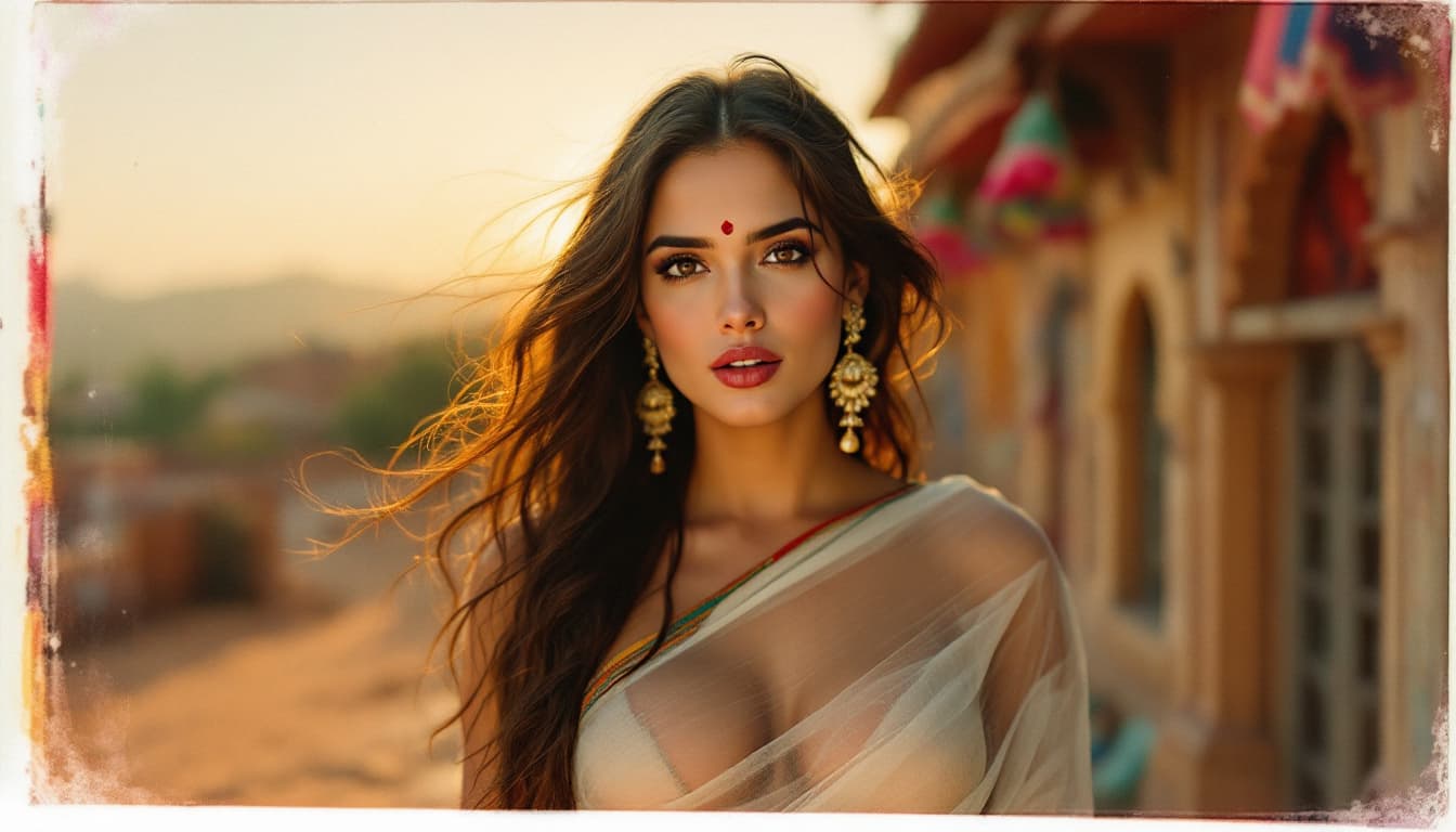 AI generated: Jennifer Connelly, biting her lip, 18-21 years old, brown hair, Indian hair style, saree,, inhaled c...