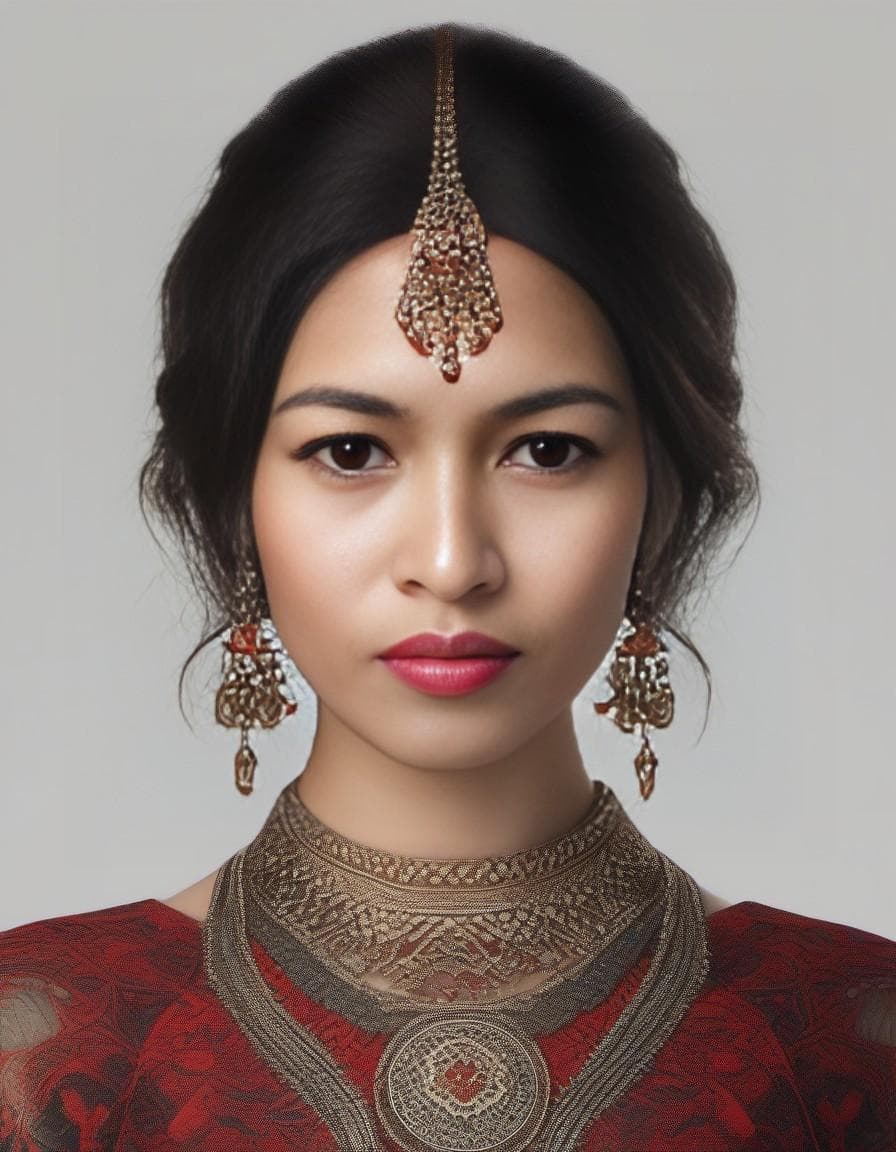 AI generated: masterpiece, perfectly centered, symmetrical, portrait of a American/Korean girl, bare head, highly ...