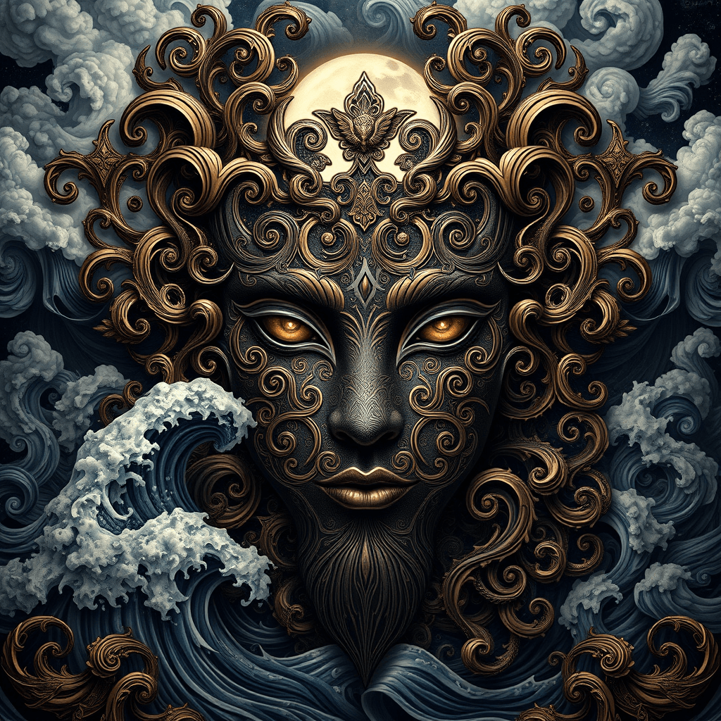 AI generated: A dark fantasy illustration of an ocean with rolling waves, the sky is filled with swirling clouds a...