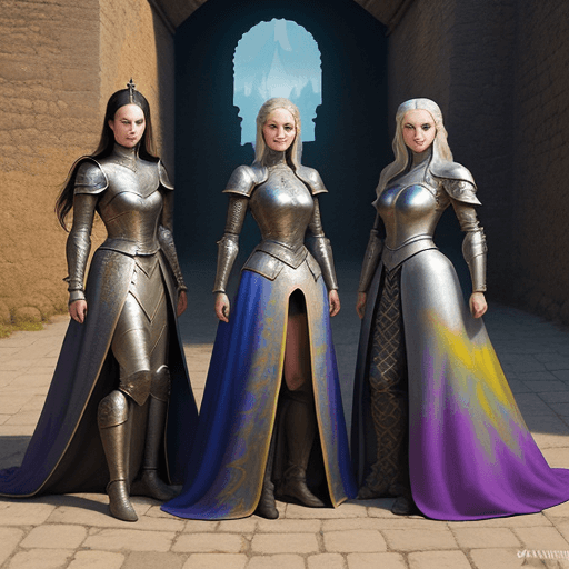 AI generated: Three very beautiful women, dressed in armor, stand in the courtyard of the fortress, gong hoi and t...