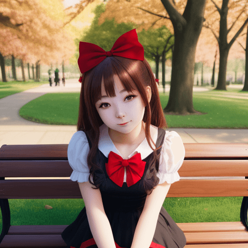 AI generated: beautiful girl, with a red bow, sitting on a bench in the park, Worms Eye View --ar 4:5 --niji