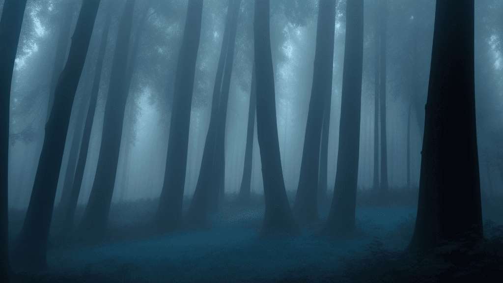 AI generated: Dark forest with foggy background and blue sky.