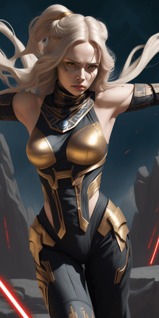 AI generated: female Sith lord from STAR WARS, gold hair, beautiful girl, detailed face, flying sky, hyperdetailed...