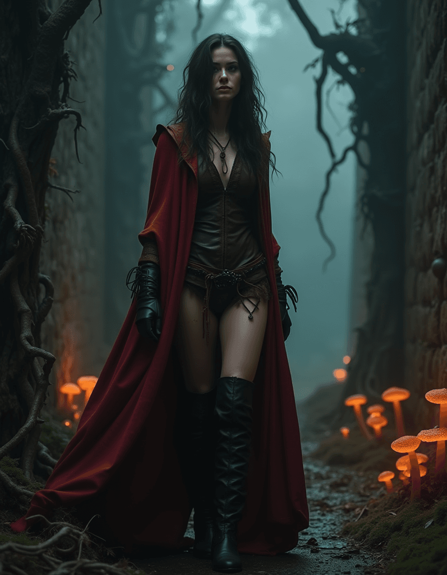 AI generated: In a moody medieval realm, a lone woman clad in a dark red tattered cloak stands amidst ancient, ove...