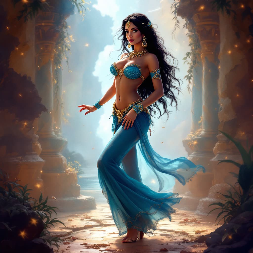 AI generated: princess jasmine , hourglass body , sexy belly dance . sexiest belly dance outfit , sexy legs