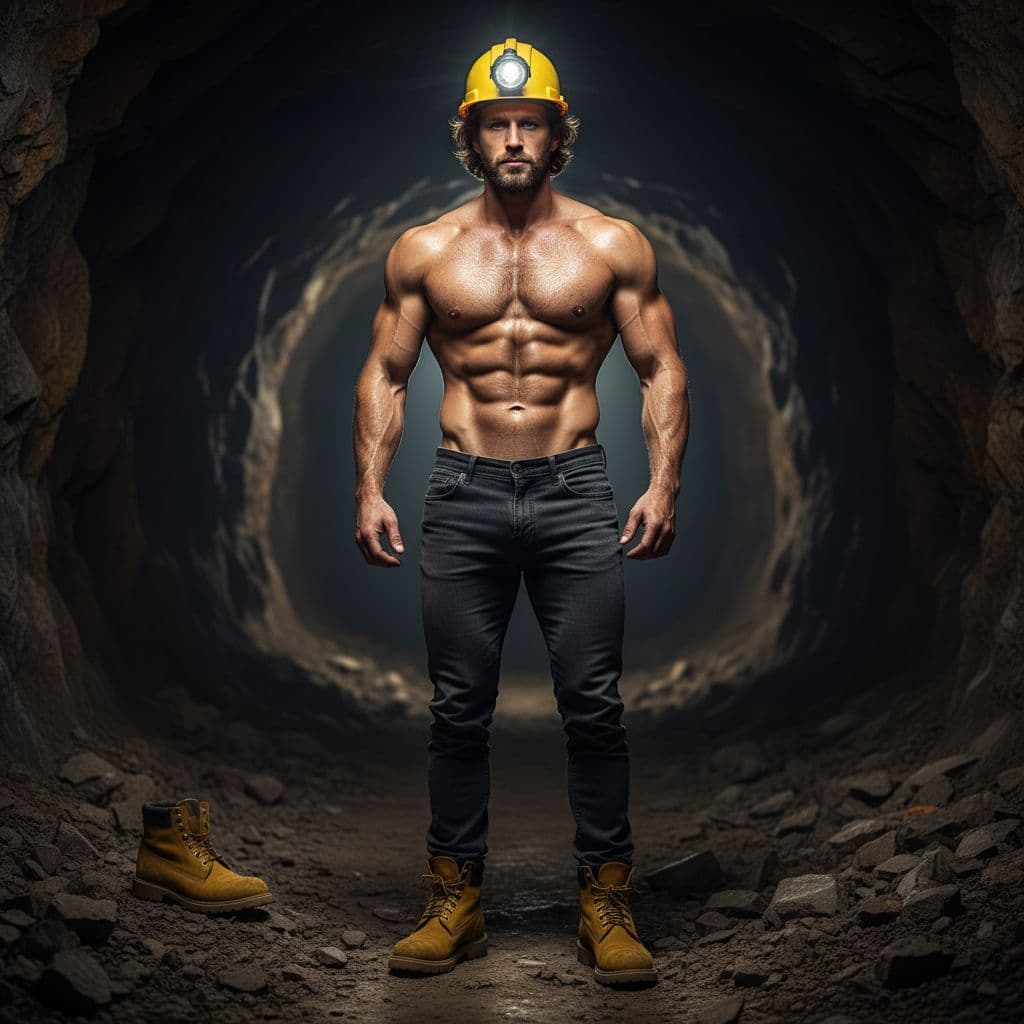 AI generated: A full-body shot features a muscular man in a miner's outfit, standing upright against a dark backdr...