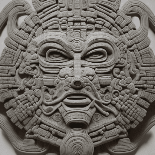 AI generated: intricate stone sculpture of a mix of abstract, alien, cubist, futuristic mayan design influences