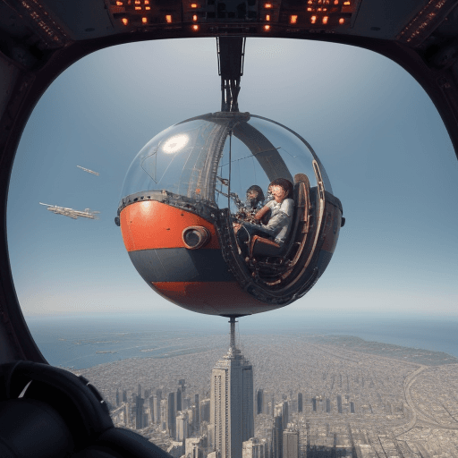AI generated: an improvised cockpit flying over the city. its cabin is made from a roller coaster car and househol...