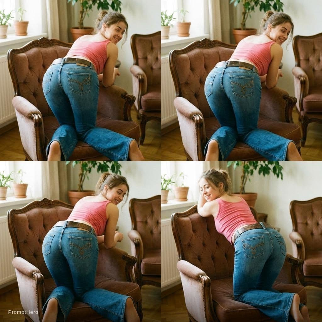 AI generated: 21 year old woman in 2000s jeans posing on an armchair, bending over the armrest. rearview

2x2 grid...