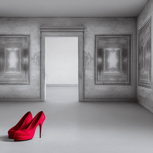 AI generated:  red high heels shoes in thebig empty  stylish just shoes in the big empty room  A ray of sunlight f...