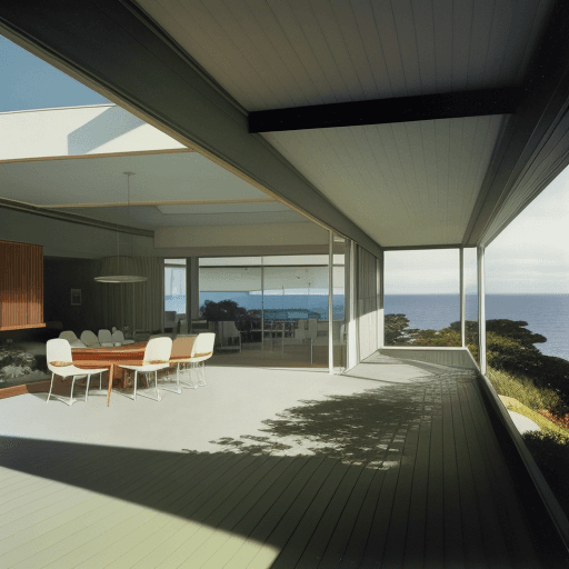 AI generated: Hyper realistic eye level exterior photo of a mid century modern style house overlooking the ocean, ...