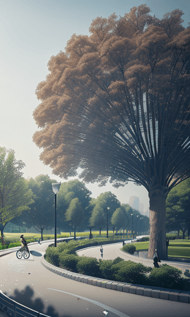 AI generated: park with a bike path on the outside which has polluted air and few trees and those that it has are ...