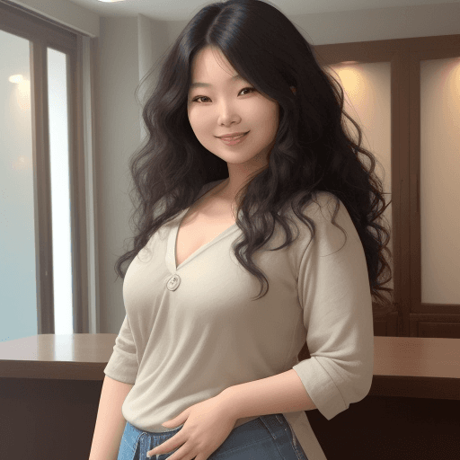 AI generated: An image of a asian woman with voluminous wavy hair, standing confidently and smiling at the camera....