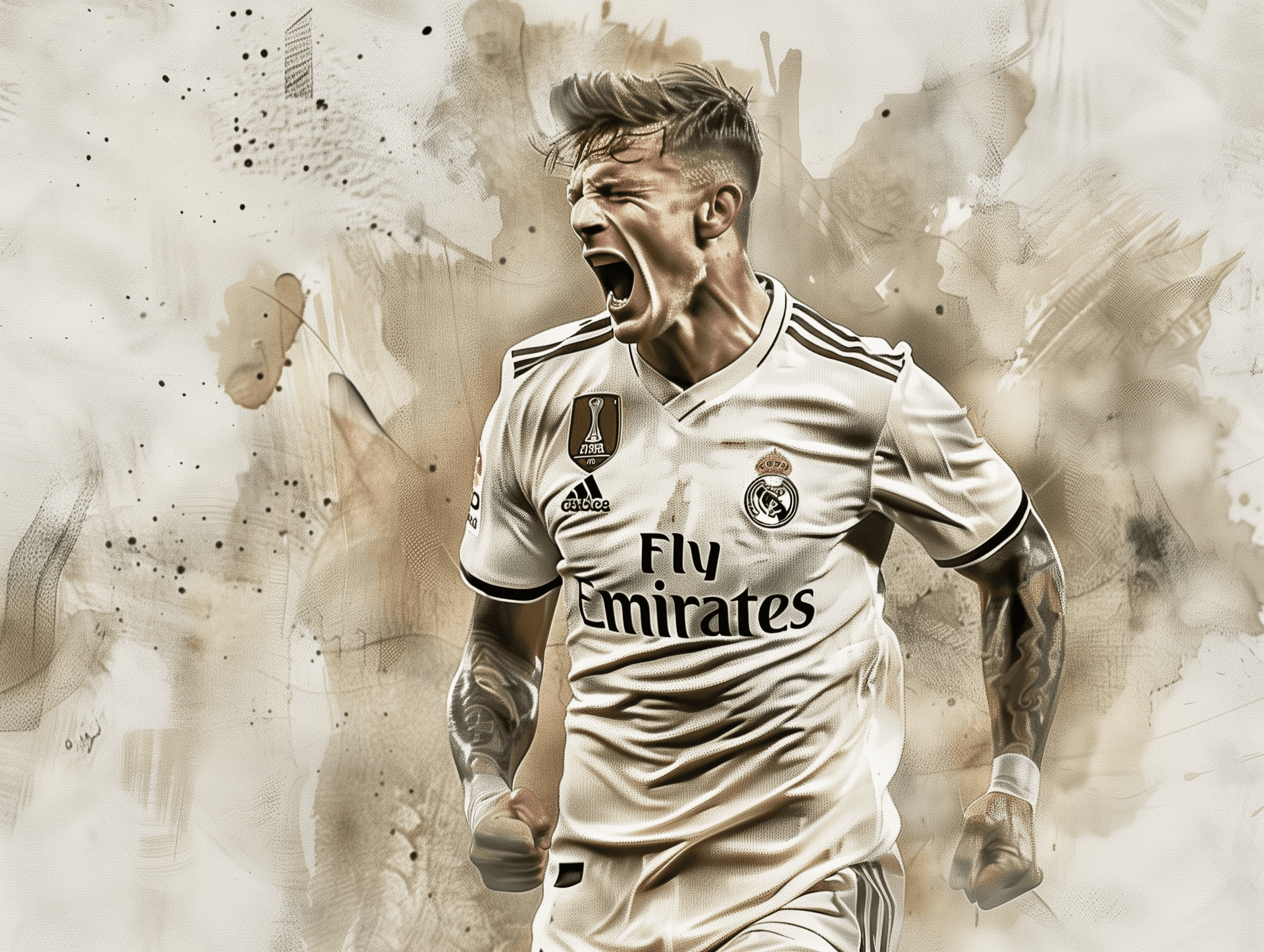 AI generated: A portrait of "Toni Kroos" in the style of watercolor painting, he is celebrating a goal on the fiel...