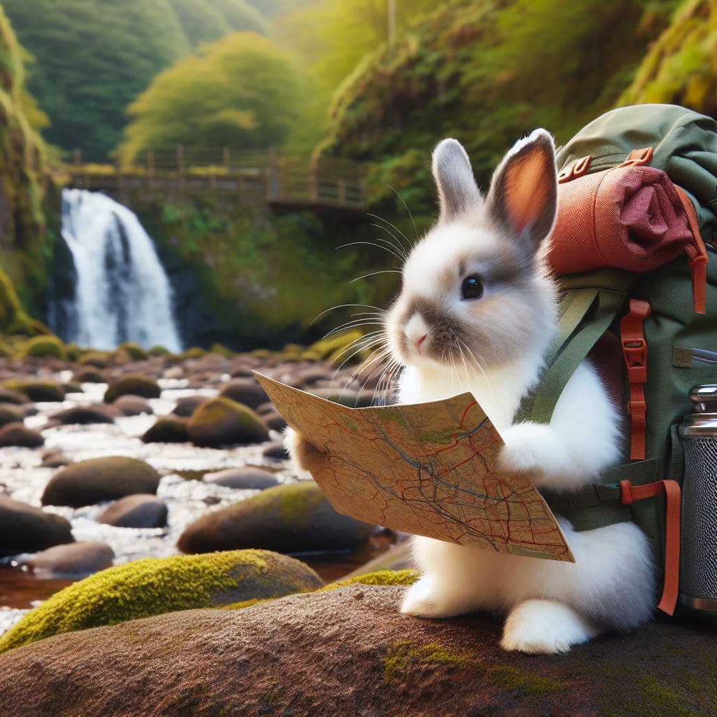 AI generated: rabbit wearing camping backpack looking at a map next to a stream