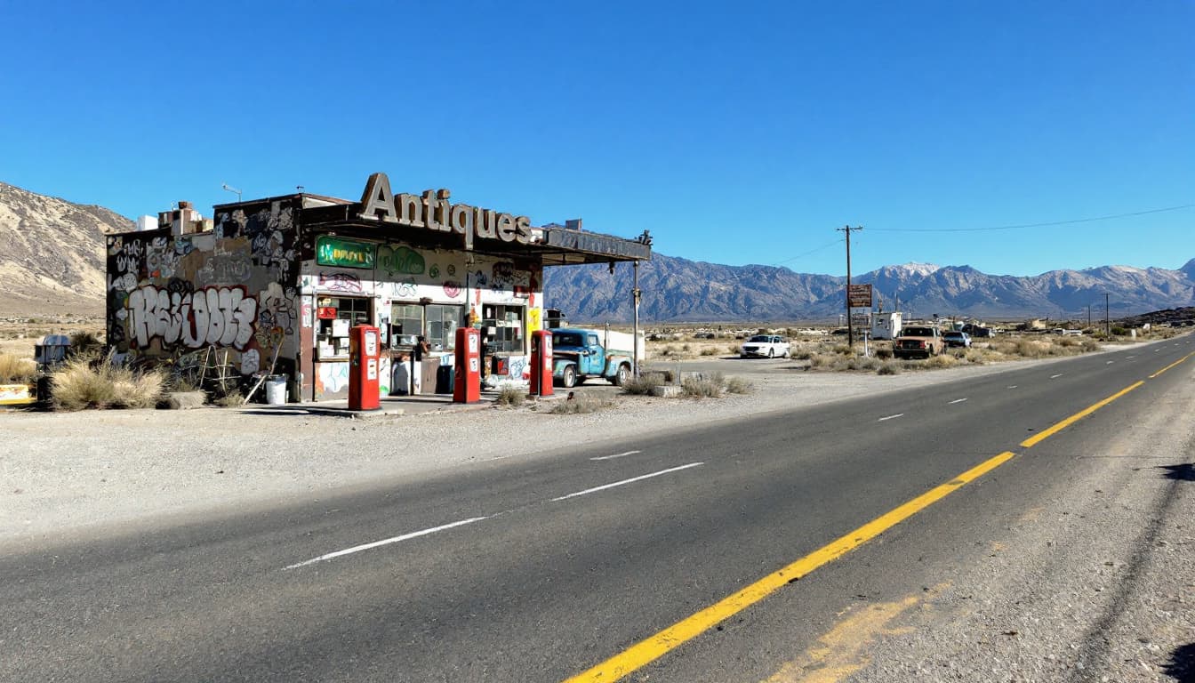 AI generated: The image shows an old, dilapidated gas station on the side of a road. The gas station is covered in...