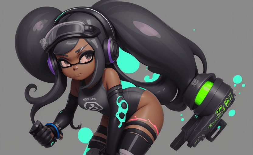AI generated: inkling goddess, Splatoon long hair, dark skin, leotard, thick thighs, speakers on helmet headset, s...